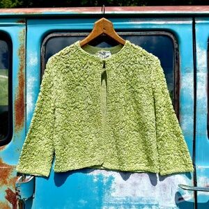 50s Caledonia green knit crazy ribbon lace open cardigan w/ mesh lining